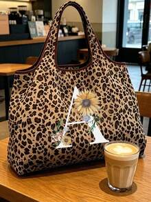 Mala de Senhora com Estampa de Leopardo e Flores Margarida, Personalização de Inicial A-Z, Grande Capacidade | Espaço Amplo para Compras, Design Dobrável, Adequada para Uso Diário, Viagens, Trabalho e Compras de Supermercado - Carteira com Estampa de Leopardo, Mala a Tiracolo Multifuncional, Pega Resistente, Acessório de Moda com Padrão, Presente para o Dia do Professor, Regresso às Aulas, Dia da Independência, Viagens de Férias - Multicolorido - Ver 7