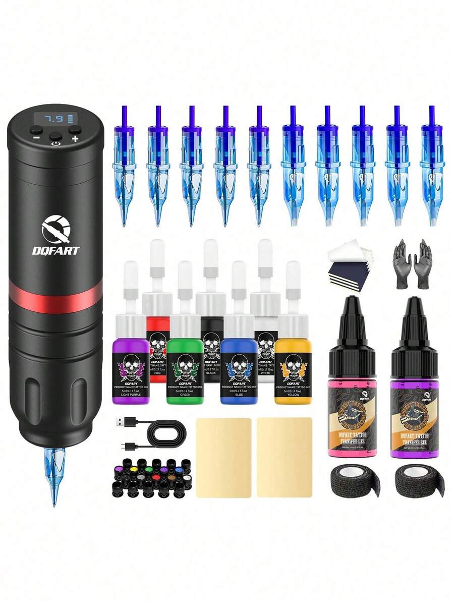 Tattoo Starter Kit: Tattoo Machine Power Supply, Tattoo Ink, Tattoo Needles, Practice Skin, All-In-One Tattoo Supplies Set For Beginners - 彩色 - 查看 1