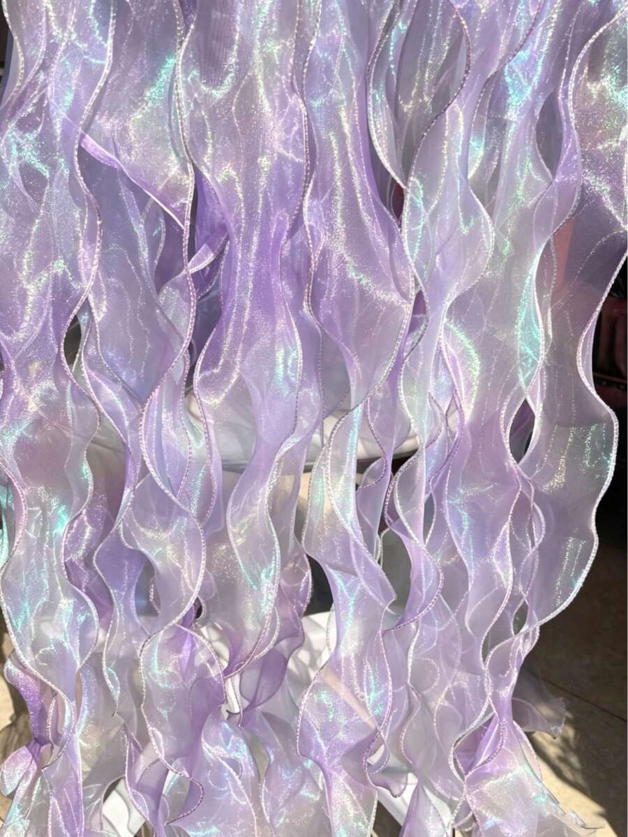 1pc Rainbow Purple Chiffon Ribbon, Used For Gift Wrapping, Glitter Purple DIY Ribbon, Wavy Edge, Bow And Tassel Decoration, Hair Accessories, Cake Decoration, Bouquet Wrapping, Mermaid Party Decoration, Mermaid Wedding Decoration, Mermaid Birthday Party Decoration, Baby Shower Decoration, Gender Reveal Decoration, Undersea Party Decoration, Chair Back Decoration, Bows, Birthday Party Favors Decoration, Back To School Season, Christmas - Iridescent Ribbon - View 1