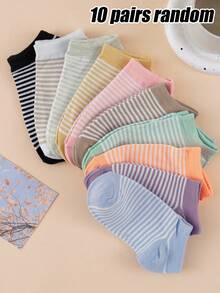 1 Paar/3 Paar/5 Paar/10 Paar zufälliger Stil Damen Macaron gestreifte Freizeitsocken, weich und hautfreundlich, geeignet für Frühling und Sommer Alltagskleidung - Verschiedenfarbig - Übersicht 10