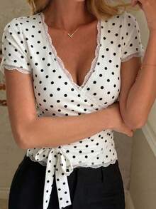 Women's Pure White Short Sleeve T-Shirt, Unique Design With Lace Trim V-Neck Cardigan Casual Summer - Black and White - View 3