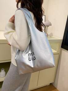 Dedoo 女款大容量單肩托特包，字母印花金屬感皮革，適合年輕女性日常通勤、購物、休閒手提包，四季皆宜 - 銀色 - 查看 4