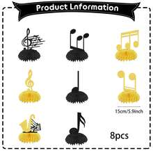8 piezas de centros de mesa de panal de abeja con notas musicales de papel, suministros para conciertos y bautizos, decoraciones para fiestas de cumpleaños con tema de notas musicales, decoraciones para fiestas con tema de notas musicales de saxofón, centros de mesa de fiesta en negro y dorado - Ver 8