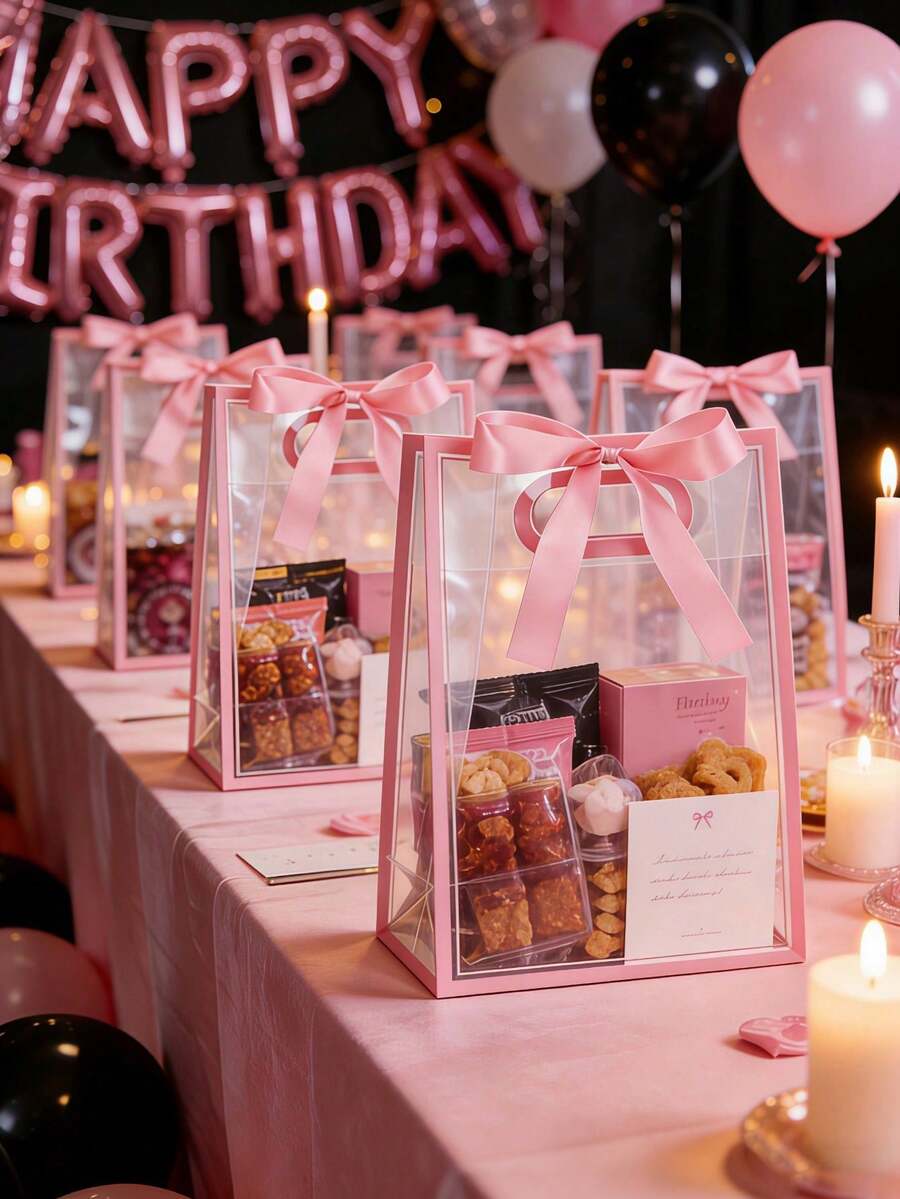 5pcs Transparent Gift Bags With Pink Trim And Satin Bow, Reusable Clear PVC Tote Bags, Suitable For Wedding, Bridal Shower, Birthday Gift Packaging, Elegant Gift Packaging, Suitable For Boutique Flower Display, 1pc - Multiple Styles - View 1
