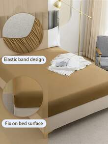 1pc Fashion Solid Color Brushed Single Fitted Sheet (Bed Cover/Mattress Protector) - Soft, Comfortable, Breathable, Anti-Pilling, Home Decor, Suitable For All Seasons; Fits Multiple Bed Sizes (Twin, Full, Queen, King); Dust-Proof Design; Does Not Include Pillow And Pillowcase. - Khaki - View 2