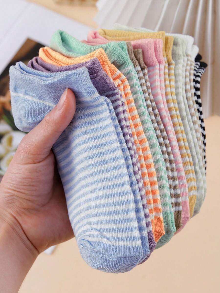 1 Paar/3 Paar/5 Paar/10 Paar zufälliger Stil Damen Macaron gestreifte Freizeitsocken, weich und hautfreundlich, geeignet für Frühling und Sommer Alltagskleidung - Verschiedenfarbig - Übersicht 1