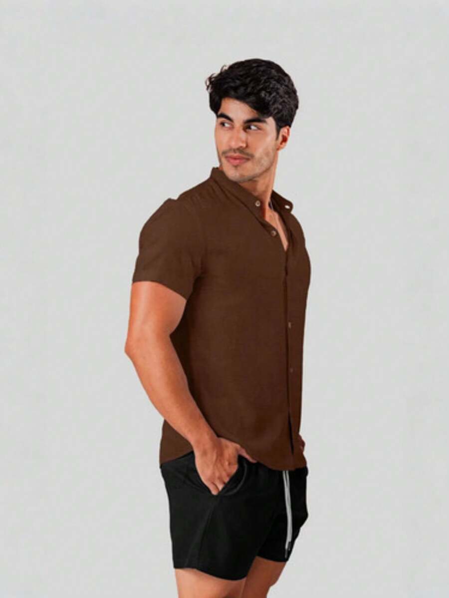 Men's Brown Linen-Look Dunas Fabric Short Sleeve Mandarin Collar Shirt - Summer 2026 Shirt - Breathable Shirt - Beach Fashion - 棕色野馬 - 查看 1
