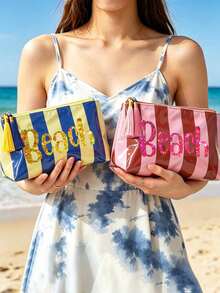 Striped Beach Makeup Bag With Tassel Zipper, "BEACH" Sequin Print, Waterproof PVC Toiletry Bag, Portable Travel Cosmetic Organizer, Multi-Functional Toiletry Bag, Vacation Makeup Storage Bag, Perfect For Beach, Pool, Cruise And Holiday Essentials, Unique Birthday Gift, Holiday Gift, Party Gift, Vacation Gift, Back To School Gift, Teacher Gift - Multicolor - View 7