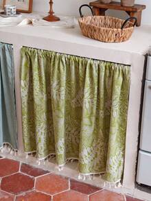 1pc Olive Green White Leaf Print Kitchen Cabinet Curtain, 100% Polyester Fabric With White Tassel Trim, Ruffle Rod Pocket Sink Skirt Curtain, Open Shelf Dust-Proof Privacy Cover, French Country Home Decor (Rod Not Included) - Olive Green - View 1