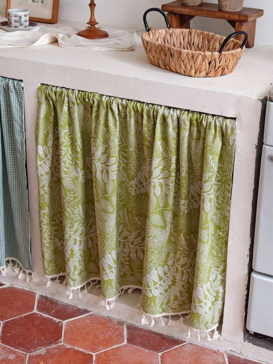 1pc Olive Green White Leaf Print Kitchen Cabinet Curtain, 100% Polyester Fabric With White Tassel Trim, Ruffle Rod Pocket Sink Skirt Curtain, Open Shelf Dust-Proof Privacy Cover, French Country Home Decor (Rod Not Included) - Olive Green - View 1