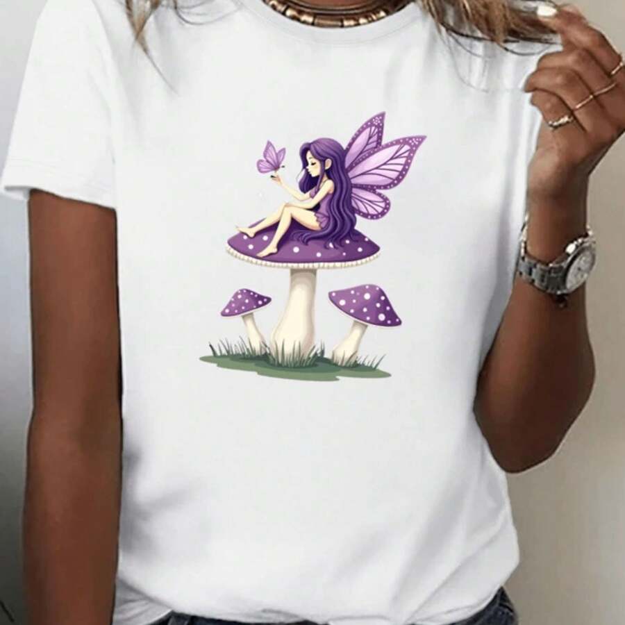 Hada púrpura sentada sobre setas mágicas rodeada de mariposas transmite paz y fantasía en esta bonita camiseta de mujer - Blanco - Ver 1