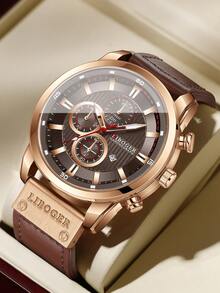 Men's PU Strap Quartz Wristwatch, Classic Three-Dial Digital Scale Calendar Dial, Classic Fashion Sports Watch, Gift For Boyfriend (1pc/Set) Watch Box Not Included - Brown - View 8