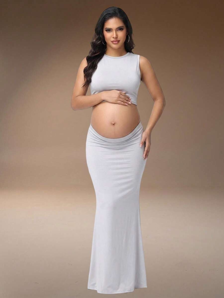 JustVH Maternity Sleeveless Solid Color Crop Top + Skirt 2 Pieces Set, Suitable For Photos, Baby Shower, Summer Party - Light Grey - View 1
