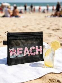 印有「Beach」文字與閃亮水鑽圖案的沙灘網格包，可攜式化妝收納包，適合存放口紅與氣墊粉撲，充滿海岸風情。透明大容量旅行化妝收納袋，夏威夷風網格化妝包，適合沙灘度假、購物、休閒度假、健身，適合作為母親節禮物、情人節禮物、教師節禮物，適合女性旅行、短途旅行與日常出行。 - 彩色 - 查看 7