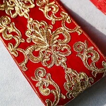 1 Yard Red & Gold Embroidered Lace Velvet Trim, Palace Style Woven Ribbon, Hanfu Cheongsam Decorative Accessory, Wedding Decoration Border - Red Gold - View 6
