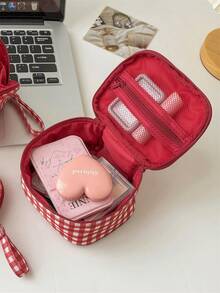 1pc/Set Vintage Red Plaid Mini Makeup Bag, Multi-Compartment Portable Cosmetic Storage Bag, Handheld Lipstick Organizer, Suitable For Travel And Daily Use - Red - View 5