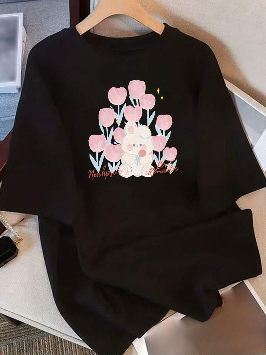 Summer Cotton T-Shirt With Round Neck, Versatile, Comfortable, Casual, For Young Women, Youthful, Fashionable, For Everyday Use, With Short Sleeves. - 黑色 - 查看 1