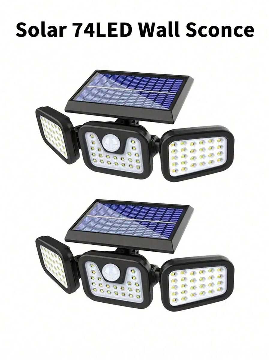 LED太陽能戶外燈 3頭感應壁燈 74顆LED晶片 270°廣角照明 3種模式 適用於花園、院子、街道、車庫、露台、門廊照明 太陽能供電 74LED壁燈