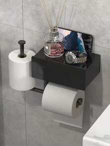 1 buah Tempat Penyimpanan Kertas Toilet Gantung Dinding dengan Rak Penyimpanan, Organizer Gulungan dan Tisu Basah Kamar Mandi Multifungsi yang Ditingkatkan, Rak Penyimpanan Kamar Mandi Baja Titanium Anti Karat Hitam Doff, Cocok untuk Dekorasi Kamar Mandi Hotel dan Rumah - Hitam - View 4