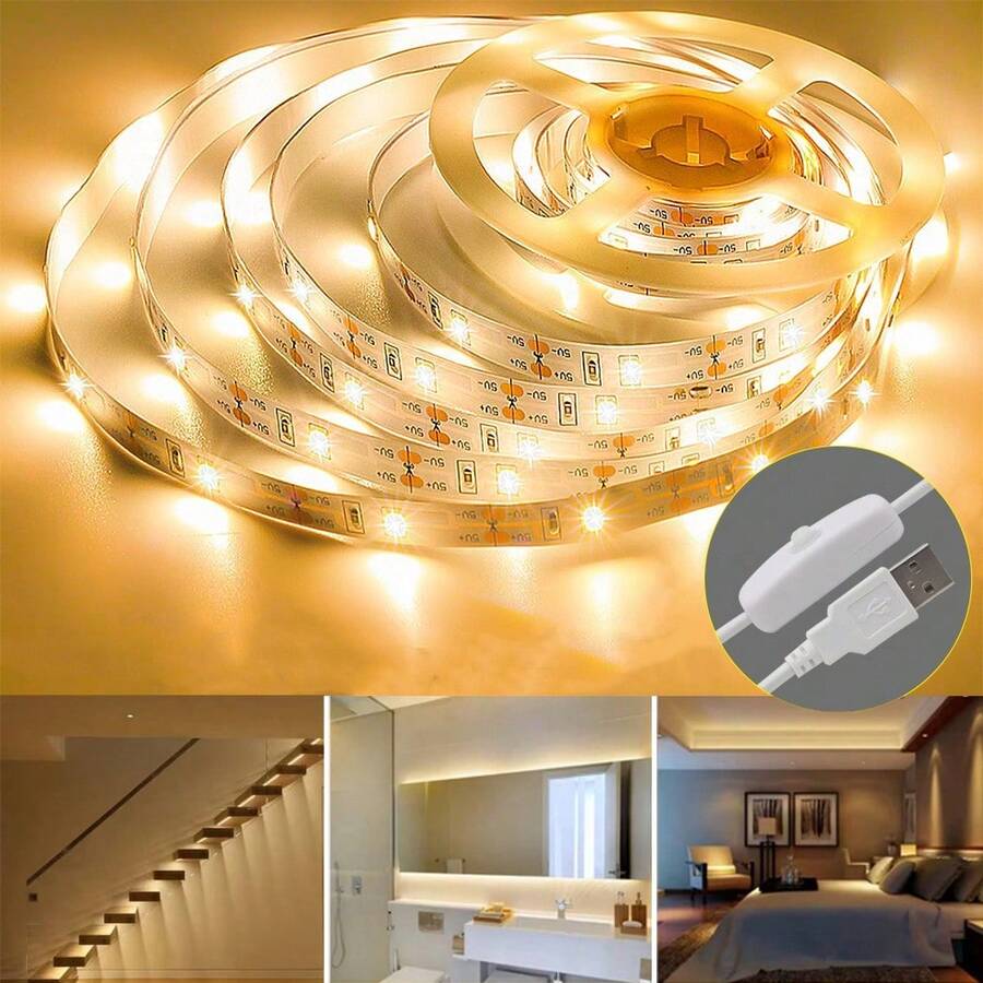 Tira de luz LED alimentada por USB con interruptor táctil, pulsación larga para ajustar el brillo, respaldo autoadhesivo para una fácil instalación, recortable, alimentada por USB, adecuada para iluminación de gabinetes, tocador de baño, ambiente del hogar y armario - Tira de luz - Ver 1