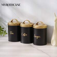 Myrothcane 3pcs Black Gold Tea Coffee Sugar Canister Set, Stainless Steel Airtight Storage Jars With Golden Lids, Modern Kitchen Counter Storage Container - Gold - View 7