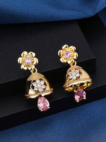 1 Pair Exquisite Elegant Jhumka Copper Zirconia Flower Earrings, Gold Fashion Bell Earrings With Pink Teardrop Sparkling Rhinestones Jhumki, Suitable For Girls, Women Daily, Festival, Wedding And Party Wear/Jewelry Gift - Classic - View 4