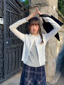 Korean Style Polka Dot Lace Trim Striped 2 In 1 Layered Top - White - View 11