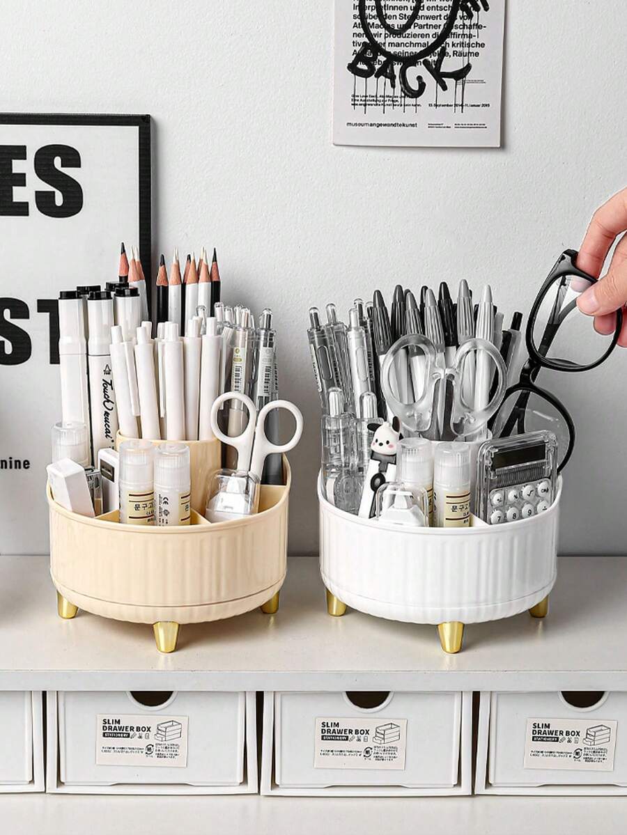 1pc White/Pink/Yellow 360° Spinning Pen Container, Desktop Storage Box For Makeup Brushes, Eyebrow Pencils And Stationery, Universal Organizer For Home Desk & Vanity, Multi-Grid Divided Easy Access, Luxury Metal Leg Table Decor - Multicolor - View 1