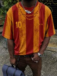 Fractyr Men's Vintage Spanish No.10 Three-Star Vertical Stripe T-Shirt, Red & Yellow Distressed Crew Neck Football Short Sleeve T-Shirt - Red - View 4