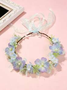 1件女孩歐美森系人造花環，仿真褶皺玫瑰花苞、繡球花、山茶花花冠，美學仙女髮飾，附可調節緞面絲帶，適合海邊出遊與拍照 - 藍色 - 查看 3