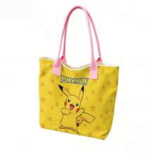 Miniso Pokémon Canvas Tote Bag, Yellow Base With All Over Star Print, Front Pikachu Graphic & Logo, Reusable Daily Shoulder Handbag For School, Shopping - Pink - View 3