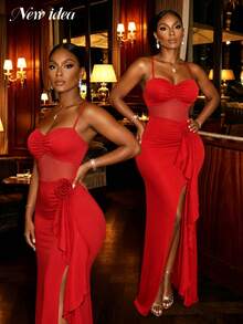 NEW IDEA Women's Sexy Elegant Red Spaghetti Strap Long Summer Dress, Ruffled Slit Mermaid Evening Gown For Summer Wedding, Prom, Night Out & Party - Red - View 2