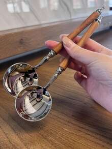 1pc Wood Grain Handle Stainless Steel Round Head Long Handle Spoon, Household Rice Spoon, Soup Spoon, Tea Spoon, Dessert Spoon - View 7