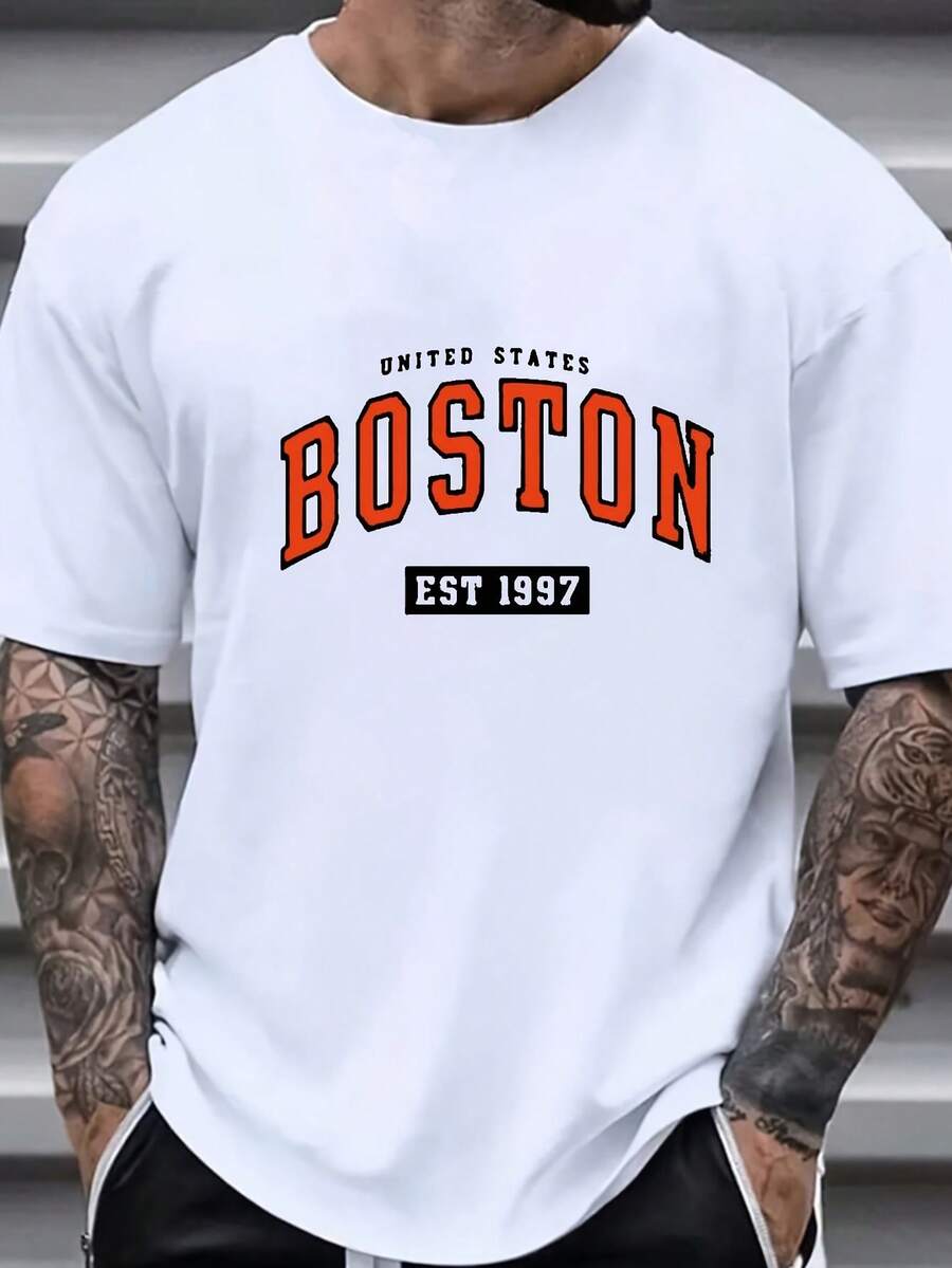 Camiseta estampada BOSTON, top casual de manga corta y cuello redondo de talla grande para hombre, estilo primavera/verano, ropa para hombre, talla grande - Blanco - Ver 1