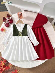 Vihyde Set 2 Potong Gaun Rompi Hijau dengan Patchwork Renda Leher Bulat dan Jubah Hoodie untuk Anak Perempuan Muda, Gaya Dua Potong Palsu, Halloween - Putih - View 3