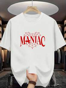 New Summer Collection MANIAC Letter Print Classic  Men'S Casual Stylish Short-Sleeve Stretchy Ribbed Round-Neck Comfortable Breathable T-Shirt - 白色 - 查看 1