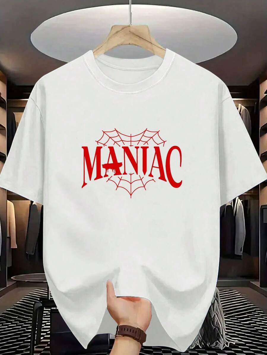 New Summer Collection MANIAC Letter Print Classic Men'S Casual Stylish Short-Sleeve Stretchy Ribbed Round-Neck Comfortable Breathable T-Shirt - 白色 - 查看 1