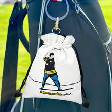 1Pc Big Swing Golfer Embroidery Drawstring Golf Pouch, Fun Cartoon Golf Player Pattern Portable Storage Bag With Hook For Golf Accessories - Multicolor - View 5