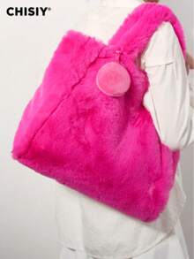CHISIY 2 PCS Pink Fluffy Tote Bag Ultra Soft Faux Fur Handbag Perfect For Shopping, Casual Outings, Office, And Social Events Chic Pink Color, Cozy Texture - Hot Pink - View 2