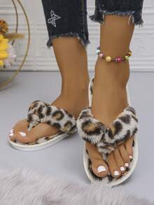 Sandal Bulu Lembut Wanita, Sandal Jepit Dalam Ruangan Musim Dingin yang Nyaman dengan Motif Leopard Acak, Ukuran Lebih Kecil Satu Ukuran, Silakan Beli Satu Ukuran Lebih Besar - Motif macan tutul - View 5
