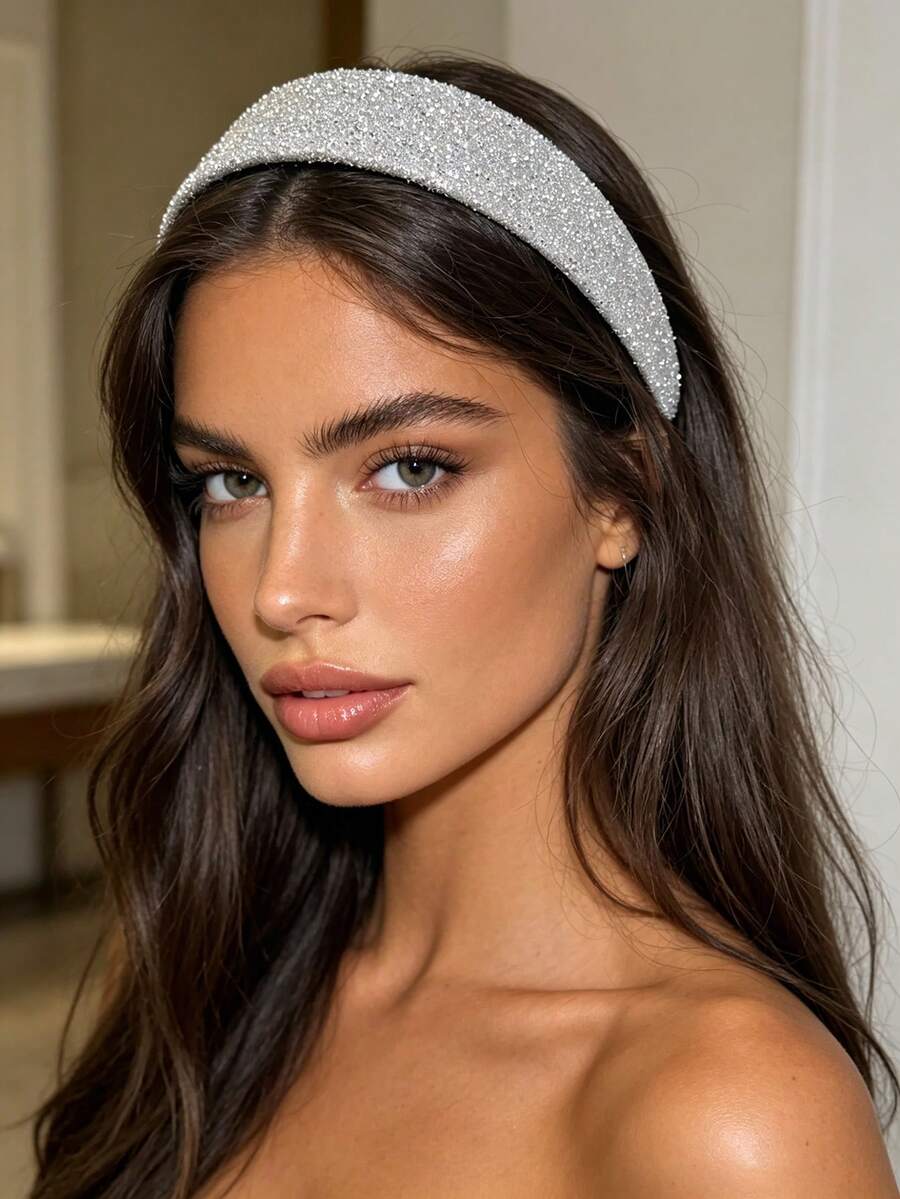 1Pc Elegant Light Luxury Full Diamond Headband, Wide Sparkling Rhinestone Hair Accessory, Suitable For Party/Wedding/Daily Outfit - Multicolor - View 1