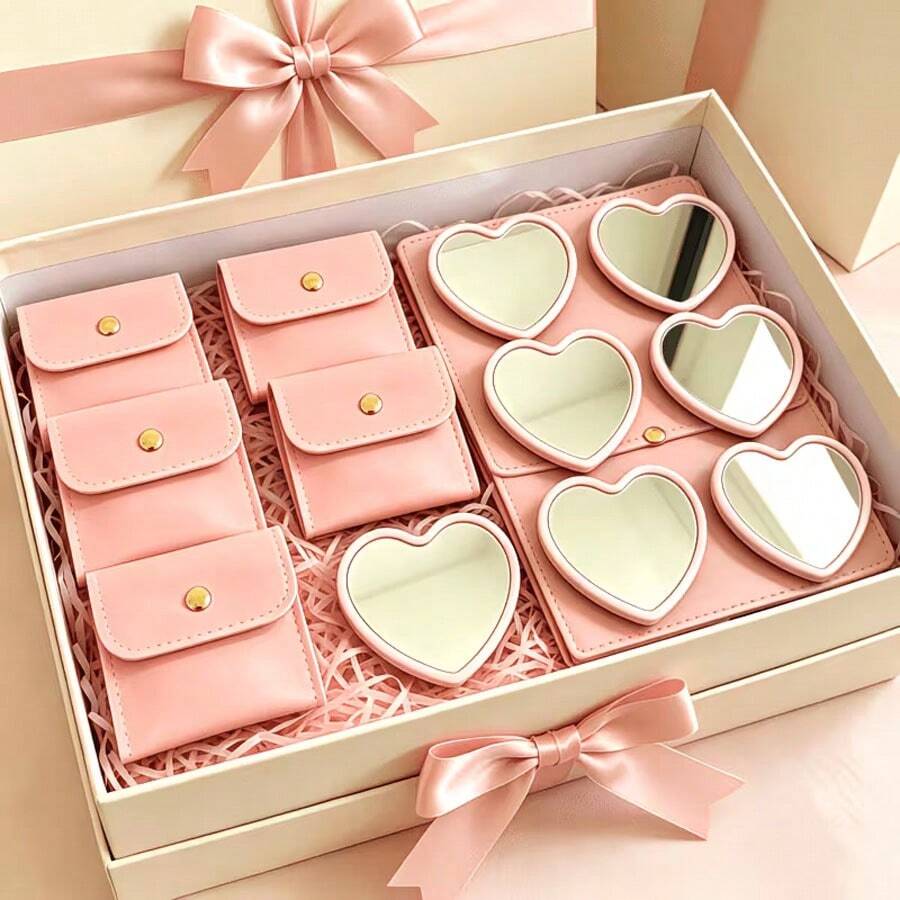 Juego de 1/2/20 piezas Espejo de maquillaje con forma de corazón y bolsa de maquillaje en rosa, blanco, negro y verde, Espejo de maquillaje portátil de vidrio rosa con bolsa de maquillaje exquisita, Espejo de bolsillo compacto adecuado para viajes, regalos del Día de San Valentín, Navidad, decoración del hogar y regalos festivos, recuerdos de temporada de graduación, bodas, reuniones familiares