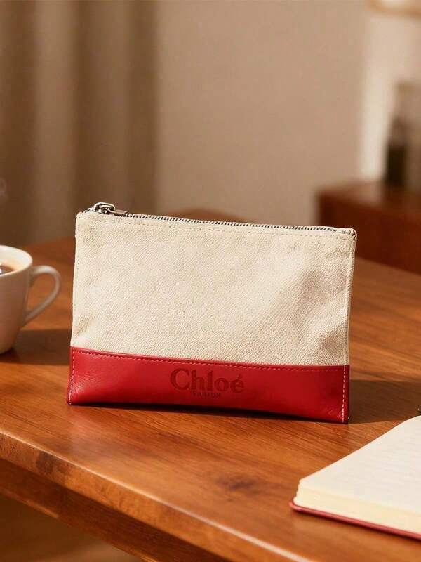 Chloé Sophisticated Paris Luxury Cosmetic Bag Premium Textured Fabric Metal Brand Ornament Spacious Beauty Storage Pouch Romantic Upscale Birthday Christmas Anniversary Gift For Women Girlfriend CHLOE-GIFT-9