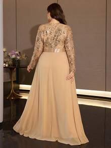 XUIBOL Elegant Plus Size Women's Round Neck Long Sleeve Sequin Fitted Bodice Formal Dress, Flared Skirt, Suitable For Evening Occasions - Champagne - View 4