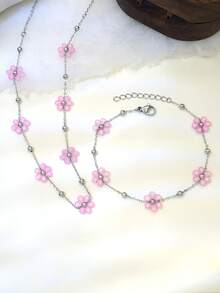 2 pezzi/Set Gioielli in acciaio inossidabile da donna, collana con ciondolo a fiore rosa e bracciale, regalo per la festa della mamma, compleanno, vacanza - Multicolore - Visualizzare 4