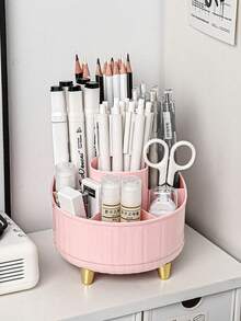 1pc White/Pink/Yellow 360° Spinning Pen Container, Desktop Storage Box For Makeup Brushes, Eyebrow Pencils And Stationery, Universal Organizer For Home Desk & Vanity, Multi-Grid Divided Easy Access, Luxury Metal Leg Table Decor - Multicolor - View 7