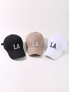 1件休閒中性款 LA字母刺繡卡其色棒球帽，適合戶外旅行，可調節 - 彩色 - 查看 3
