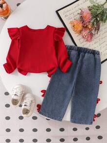 Baby Girl Spring/Autumn Vintage Red 3D Bow Cap Sleeve Top + 3D Bow Denim Wide Leg Pants 2pcs Set - Burgundy - View 3