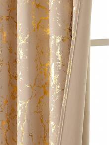 2pcs/Pack Beige, Black, Dark Green, High Precision Gold Foil Blackout Curtains, Grommet Design Room Darkening. Thermal Insulated Curtains, Suitable For Bedroom And Living Room. Available In Multiple Sizes - D Beige - View 5