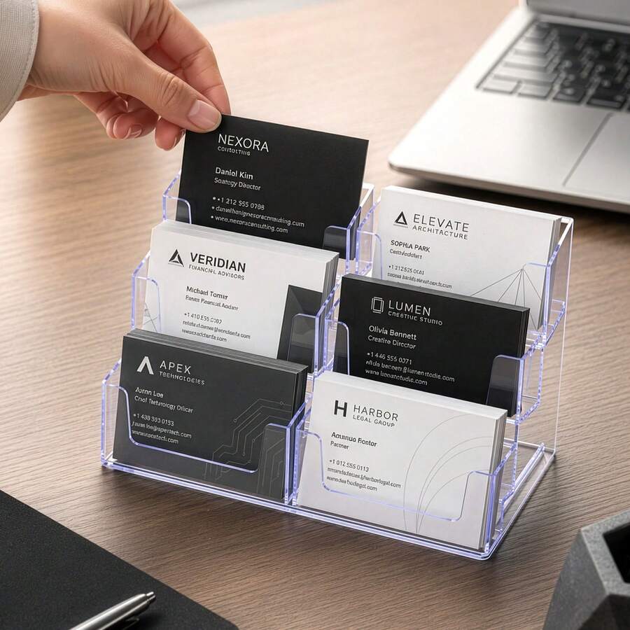 2 Pack Acrylic Business Card Holder, 8 Slots Desktop Business Card Organizer, Clear Acrylic Card Display Stand - White - View 1